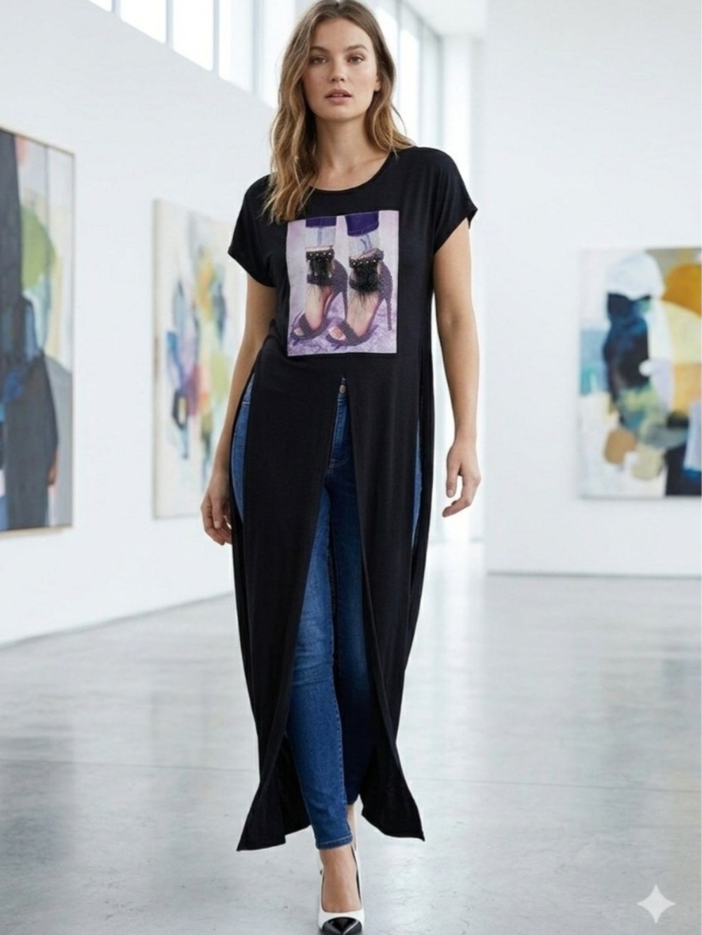 Love J Black Tee with Purple and Lilac Graphic Accents. Size M